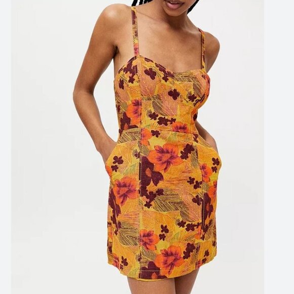 NWT Urban Outfitters | Linen Blend Sweet On You Gold Floral Mini Dress | Small - Picture 1 of 12